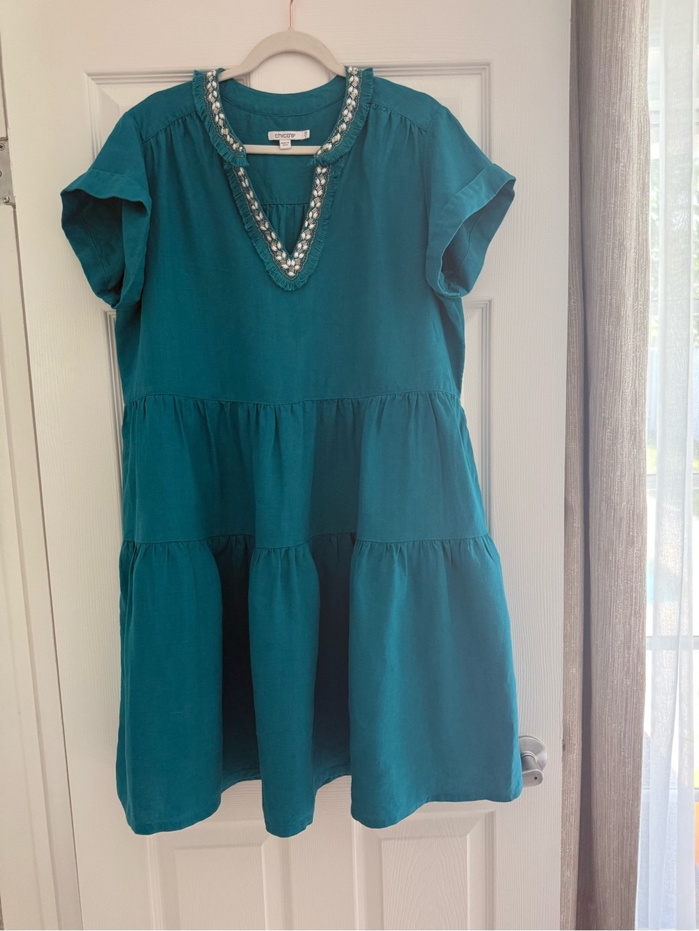 Chico's Teal Tiered Dress with Beaded V-Neck